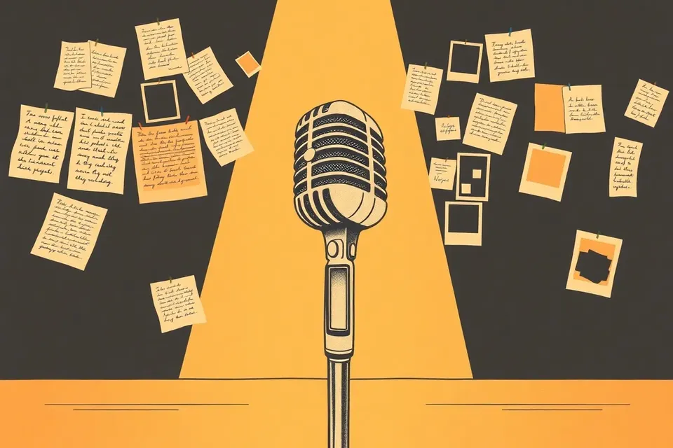 A vintage microphone on a dark stage, with handwritten notes and polaroids pinned to a wall behind it, lit by a single spotlight.