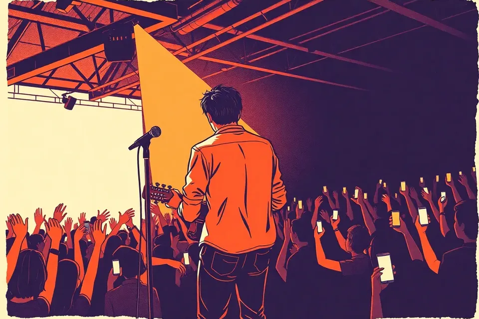 A guitarist performs on stage, seen from behind, with the audience's raised hands and glowing phones in the dark background.