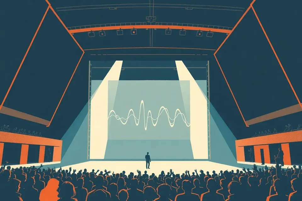 A wide view of a concert hall with a crowd of silhouetted people facing a brightly lit stage, abstract waveforms on a large screen above, and modern architectural details.