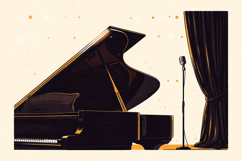 Close-up of a grand piano lid reflecting a spotlight, with a vintage microphone stand silhouetted against dark velvet curtains.