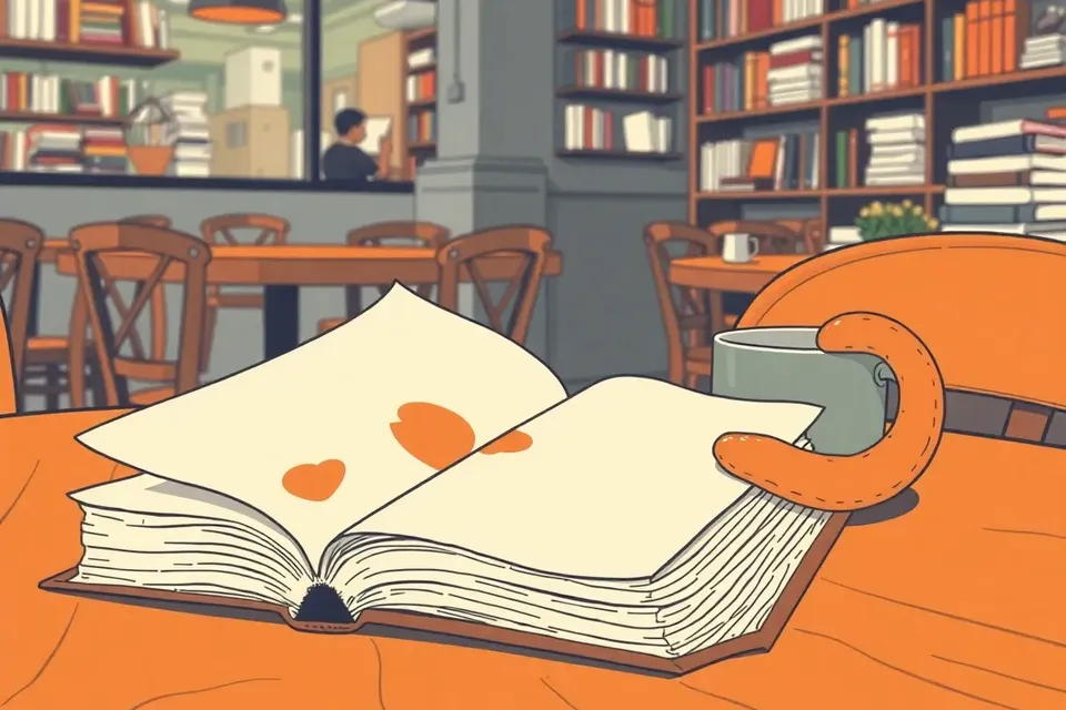 Close-up of an open secondhand book on a wooden table with a coffee cup ring, blurred shelves of books and a cat tail in the background.