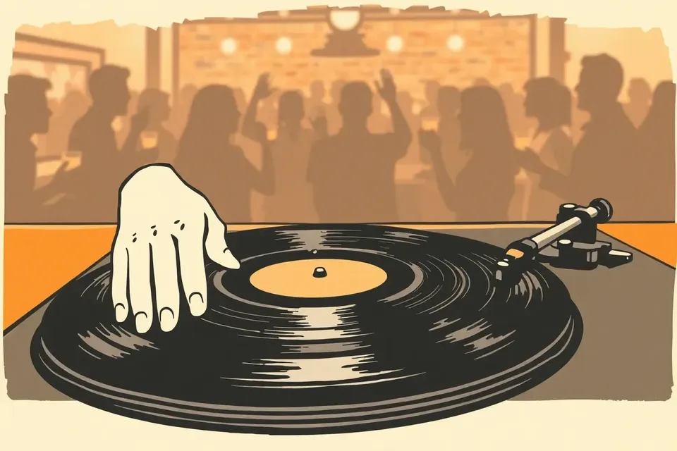 Close-up of a vinyl record on a turntable in a dim bar, with a hand poised over the tonearm and blurred silhouettes of a crowd in the background.