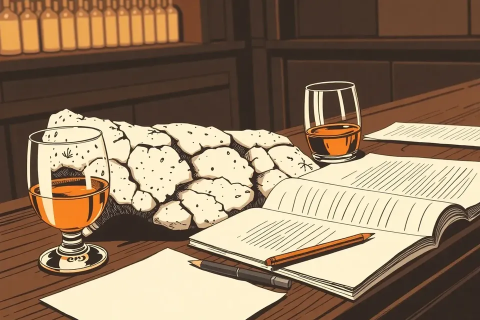 Close-up of a fossilized dinosaur bone on a dark wooden bar counter, with a glass of amber drink and a notebook with pencil nearby, in warm dim lighting.