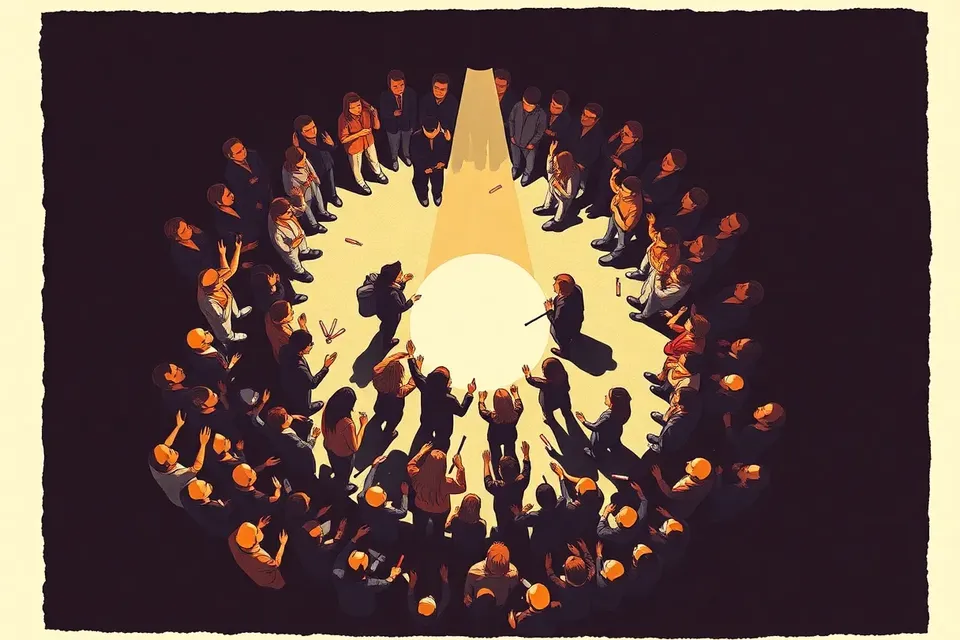 Overhead view of a circular crowd around a stage with raised arms, glow sticks, and drumsticks on the floor, under a single spotlight.