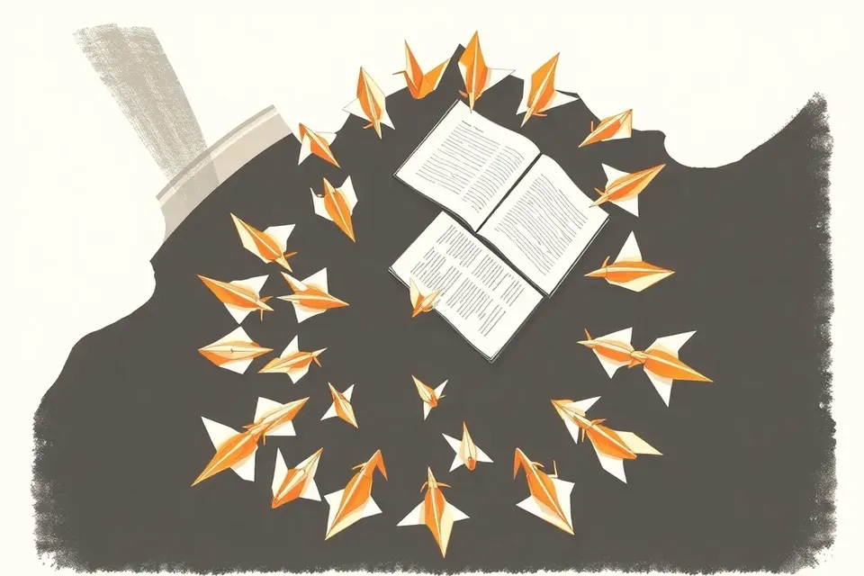 An overhead view of a spiral of paper cranes surrounding an open book on a dark wooden floor, with notes tucked into the cranes' wings.