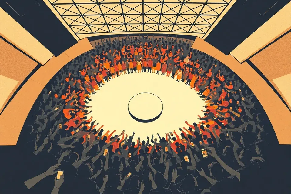 Overhead view of a concert crowd in a geometric hall, with raised arms and phones creating a dynamic pattern around a central stage.