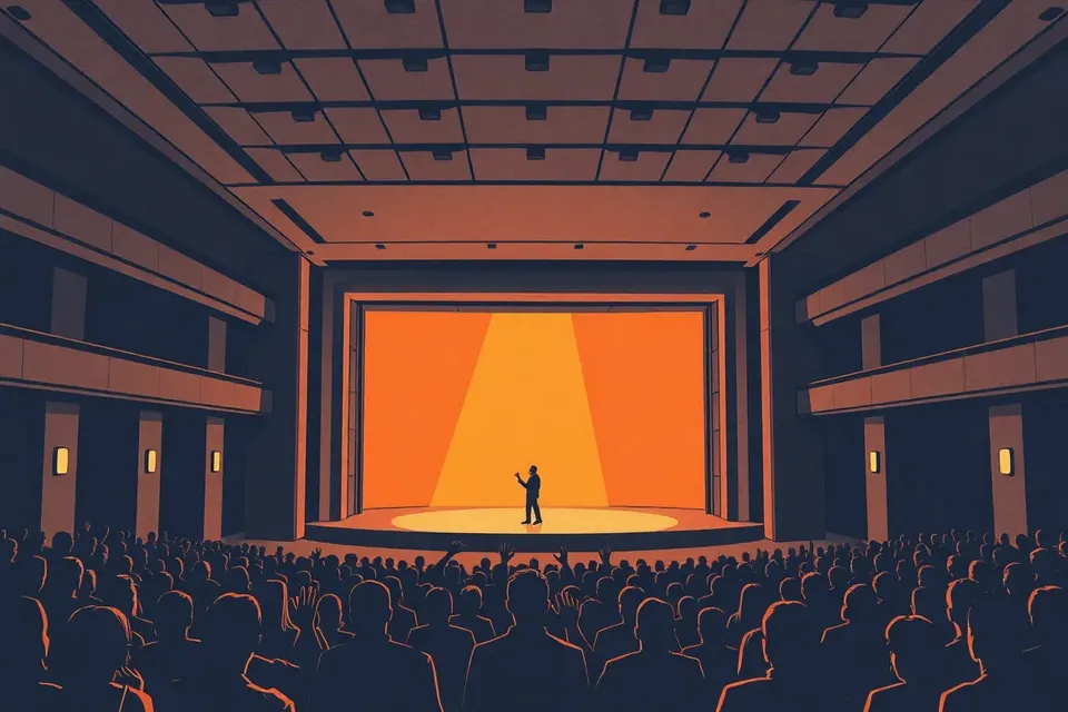 A wide view of a dimly lit concert hall with a small stage, a lone performer, and a sparse audience of silhouetted figures, evoking an intimate, emerging-artist atmosphere.
