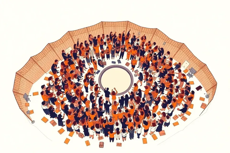 An overhead illustration of a large crowd gathered in a circular pattern at an outdoor venue, with raised arms and a central stage, surrounded by geometric rooftop shadows and scattered personal items.