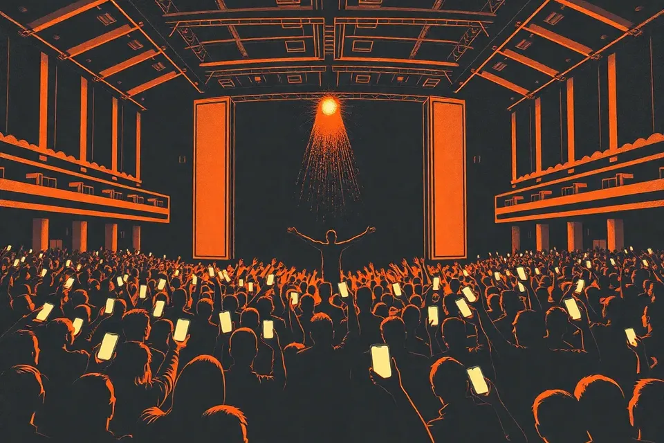 A wide shot of a large indoor concert venue, with a crowd of silhouetted fans raising their hands and phones toward a brightly lit stage where a lone performer stands with arms outstretched under a spotlight.