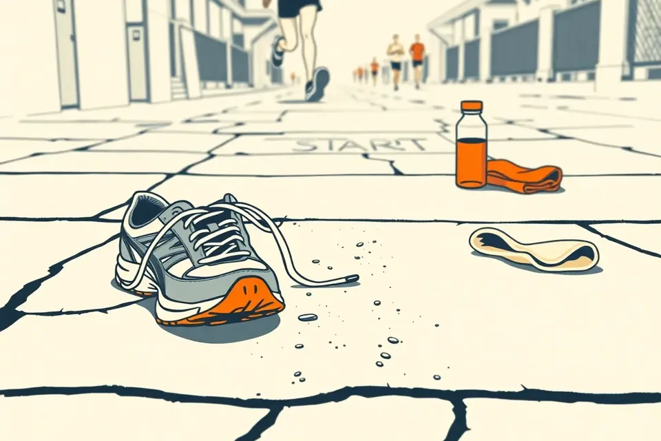 Close-up of worn running shoes on a cracked sidewalk with a chalk line, a blurred runner stretching in the background, and a water bottle nearby.