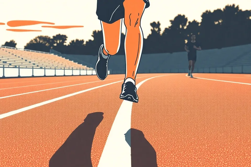 Illustration of a runner's legs in motion on a track, with another runner blurred in the background, conveying a community training session.