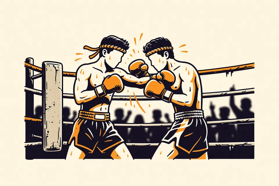 Two muay thai fighters in a clinch, one throwing an elbow, with sweat droplets visible. The scene is framed by a red corner post and ropes, with blurred audience silhouettes in the background.