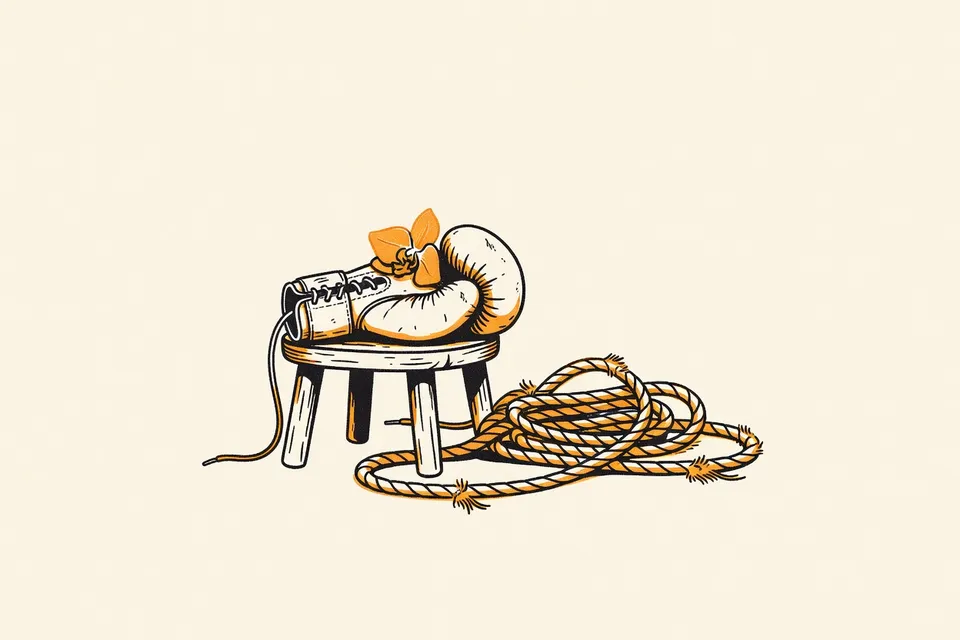A still life with a red boxing glove on a wooden stool, a coiled rope on the floor, and a single orchid petal on the glove.