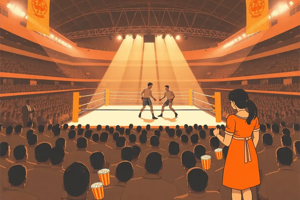 A wide view of a packed Muay Thai stadium at night, with a bright boxing ring in the center, two fighters facing off, a ring girl with a card, and a DJ booth, with popcorn and beer cups in the foreground.