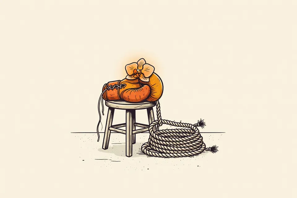 A still life with a red boxing glove on a wooden stool, a coiled rope on concrete, and an orchid petal on the glove, lit by a soft glow.