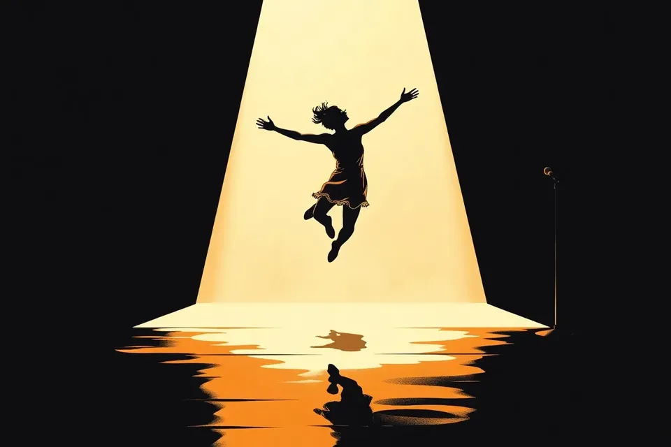 A stylized illustration of a dancer leaping on a dark stage, with a microphone stand in the foreground, conveying dynamic movement and concert atmosphere.