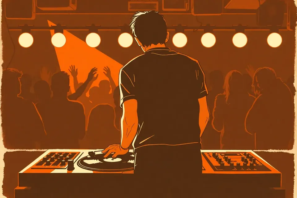 A DJ in a dark club, seen from behind, adjusting a turntable as a crowd of silhouetted figures raises their hands in the background.