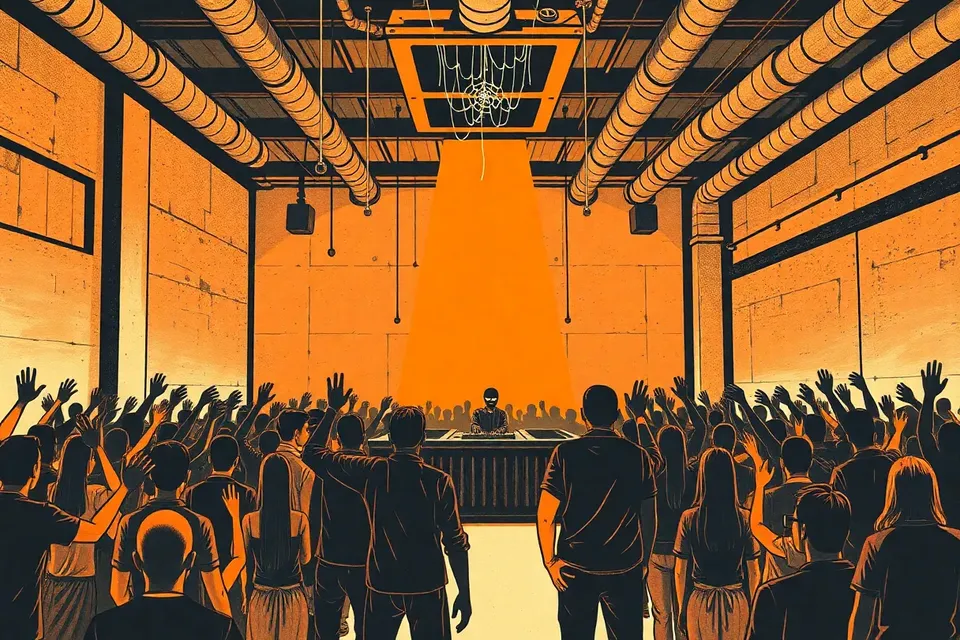 A wide shot of a dark industrial club with a crowd of small figures dancing under a strobe light, a DJ silhouette at the front, and subtle cobwebs in the background.