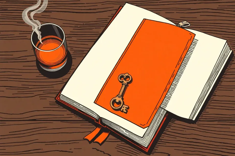 An open book with a key on top, a glass of amber liquid, and an extinguished candle on a wooden table.