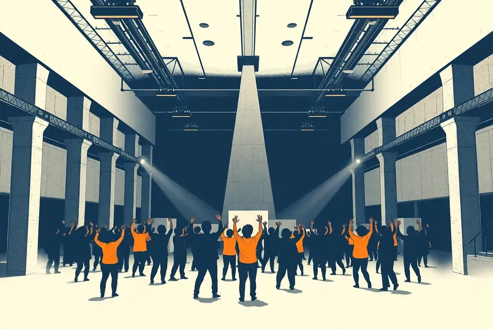 A wide shot of a dark industrial venue with strobe lights, smoke, and silhouetted figures dancing energetically.