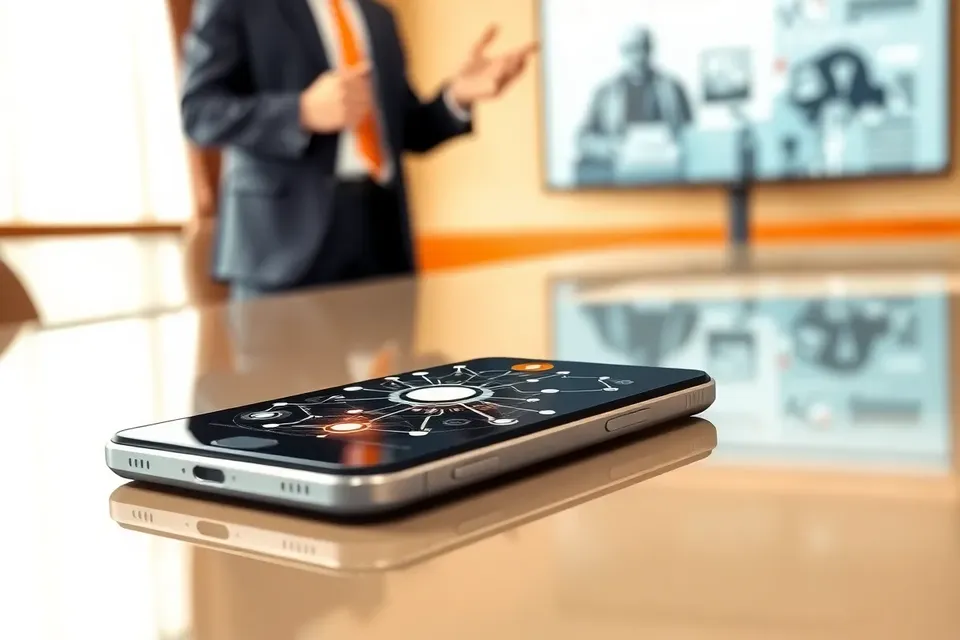 A close-up of a smartphone on a conference table displaying a network of glowing nodes, with a blurred businessperson gesturing in the background, evoking a high-tech sales workshop.