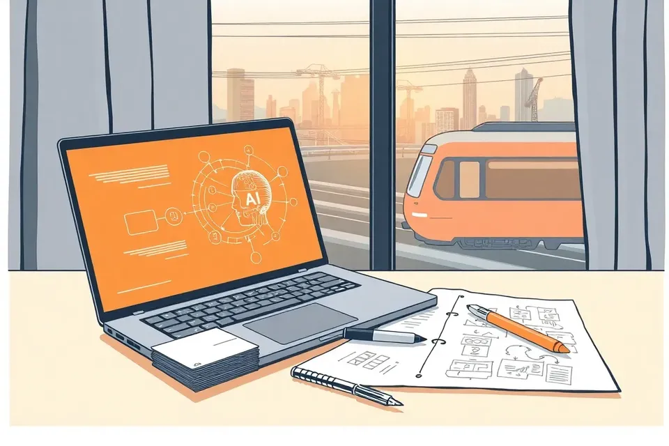 A still life illustration of a laptop with an AI interface, business cards, a marker, and a notepad with sales diagrams, with a Bangkok skyline and BTS train visible through a window.