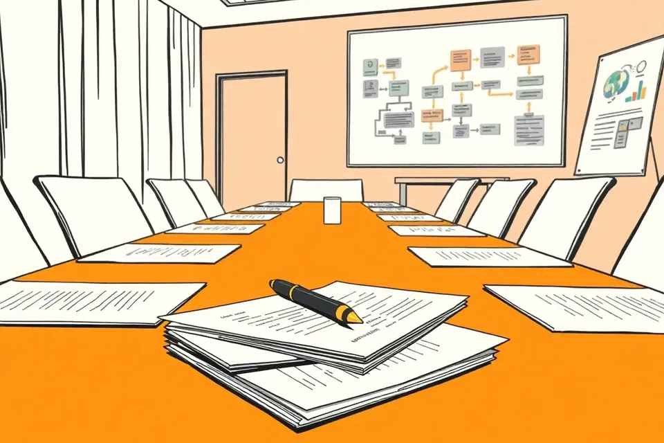 A close-up of a pen on sales documents in a bright hotel conference room, with a whiteboard showing strategy diagrams in the background.