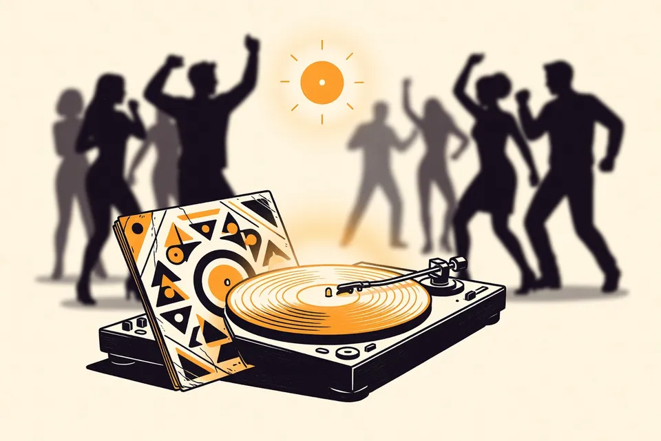 Close-up of a turntable needle over a vinyl record with abstract geometric sleeve, blurred dancers in background.