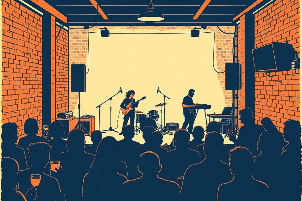 A wide shot of a live music venue with a band on stage and a small audience standing or leaning against brick walls, bathed in warm stage light.
