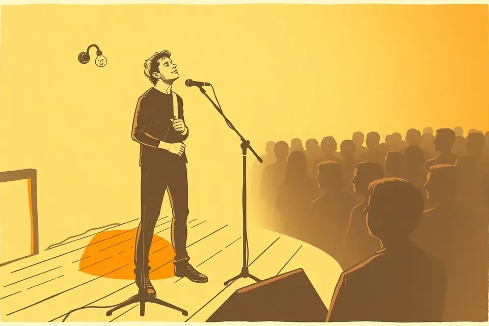 A musician performing on stage in a dimly lit room, with a single light bulb overhead and a small audience in the background.
