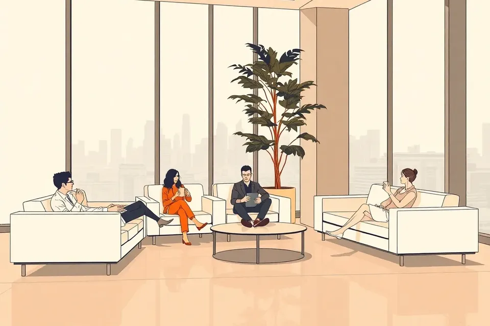 A wide view of a modern office lobby with a few people relaxing on sofas, a potted plant, and a glass wall showing a city skyline.