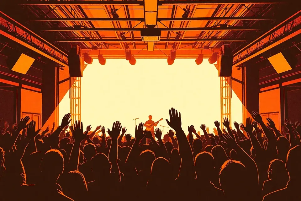 A wide shot of a concert venue with a large crowd of silhouetted people raising their hands, a lone guitarist on stage, and industrial architecture overhead.