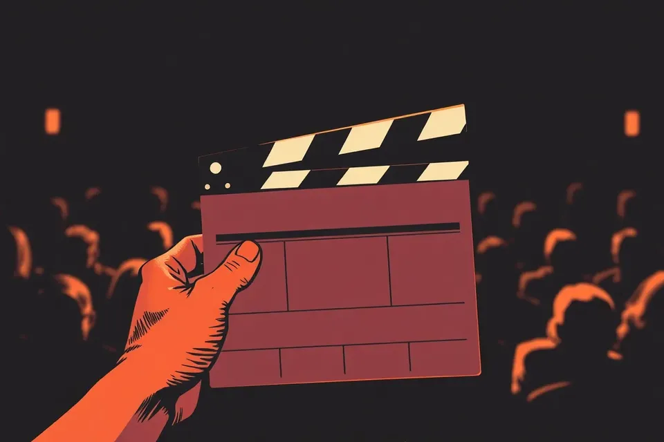 A close-up of a clapperboard held by an unseen hand, with the top stick raised. In the blurred background, silhouettes of an audience are seated in a dark theater.