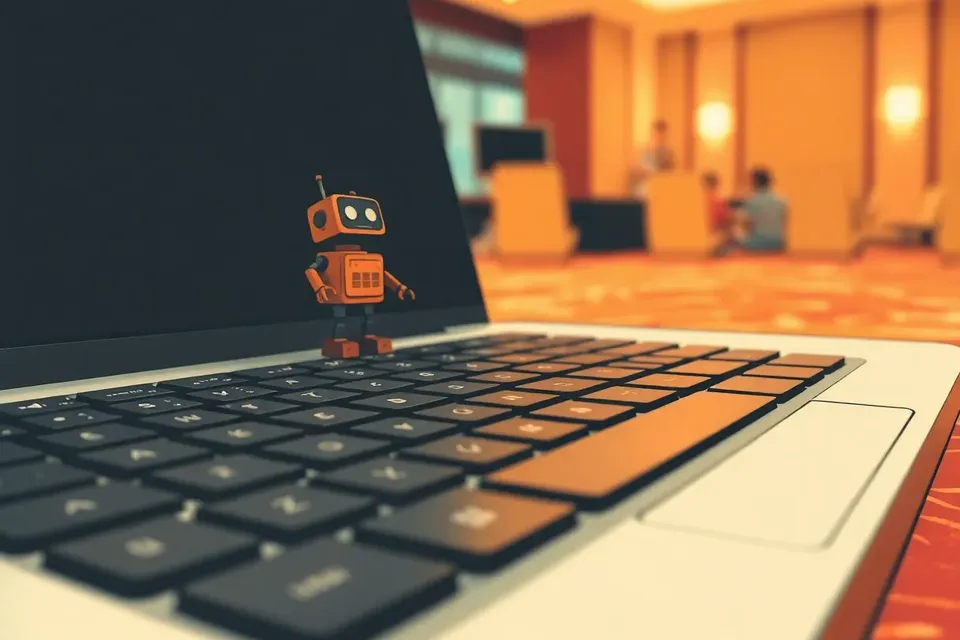 A laptop with a small robot toy on its keyboard, set in a blurred hotel conference room.