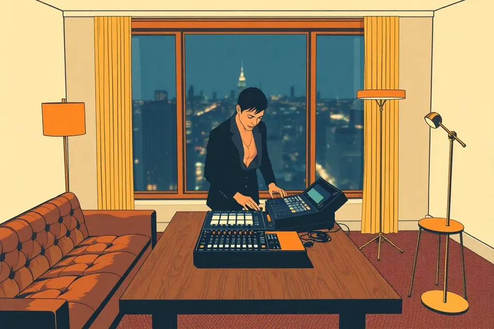 A stylized illustration of a person in a dark, chic outfit tweaking a vintage audio mixer in a moody penthouse, with a blurred cityscape visible through a large window, and retro furniture like a leather couch and brass lamp in the background.