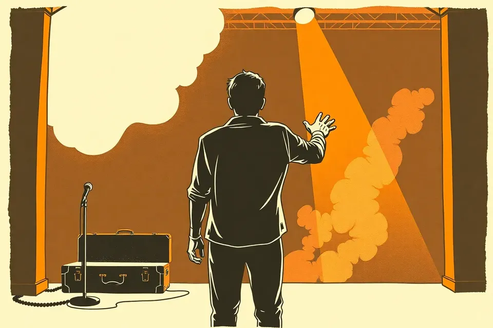 A stylized illustration of a person in a dark room, reaching toward a stage with a microphone and guitar case, lit by a single warm spotlight, with a smoky atmosphere.