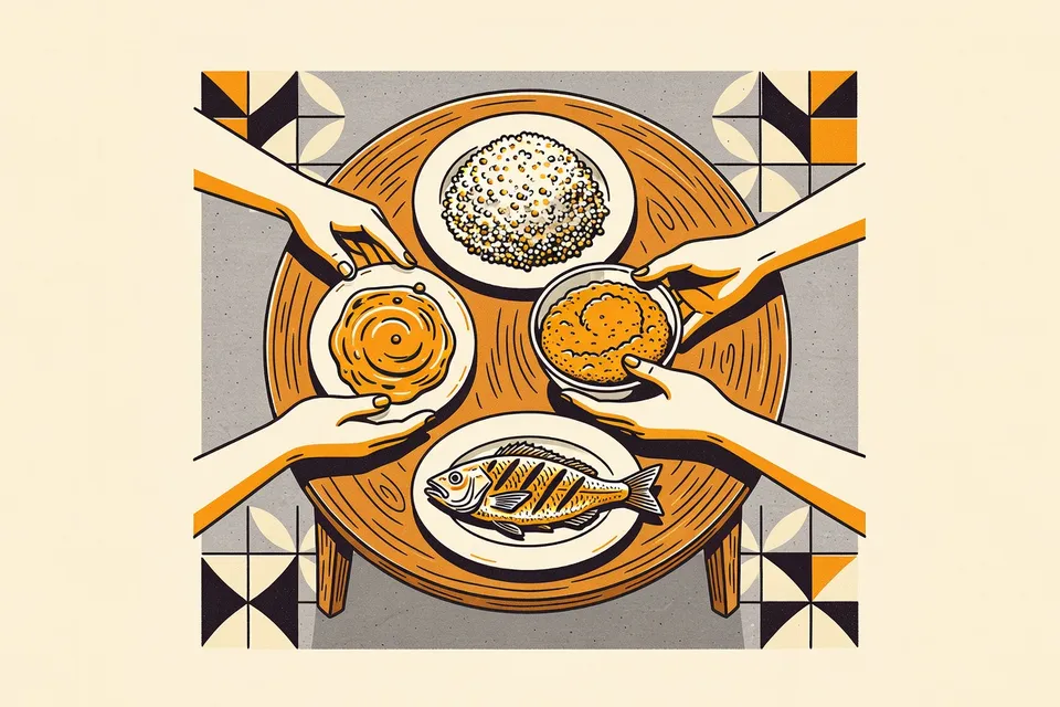 Overhead view of a circular table with three plates of Ivorian food, hands passing a bowl, on a concrete floor with geometric tiles.
