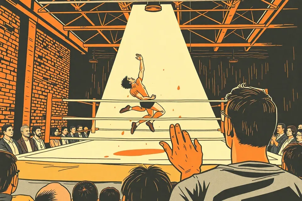 A wrestler slams an opponent in a dimly lit ring inside a brick-walled studio. A spectator leans forward, gripping the ring apron, as dust motes float in the spotlight.