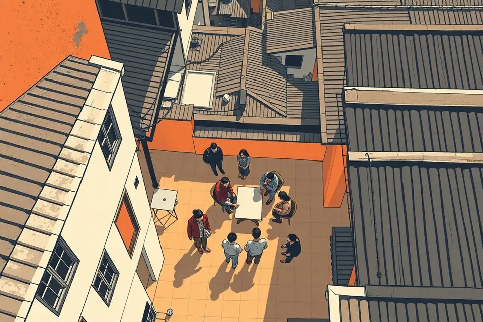 An overhead view of a narrow Bangkok alley with shophouses and a courtyard where a small group of people stand around a table, casting long shadows.
