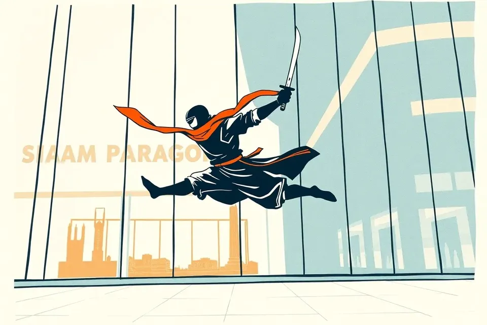 An illustration of a ninja in mid-air, sword raised, against a modern glass building with soft reflections.