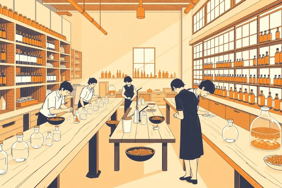 A bright workshop with people crafting lip oils at a table filled with vials and petals.