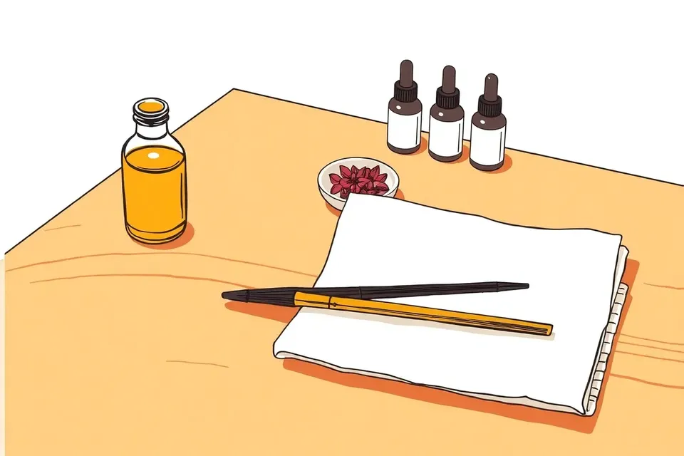 A still life arrangement on a wooden counter: a glass vial of amber oil, tiny dropper bottles, a dish of dried rose petals, and a lip brush on folded linen.
