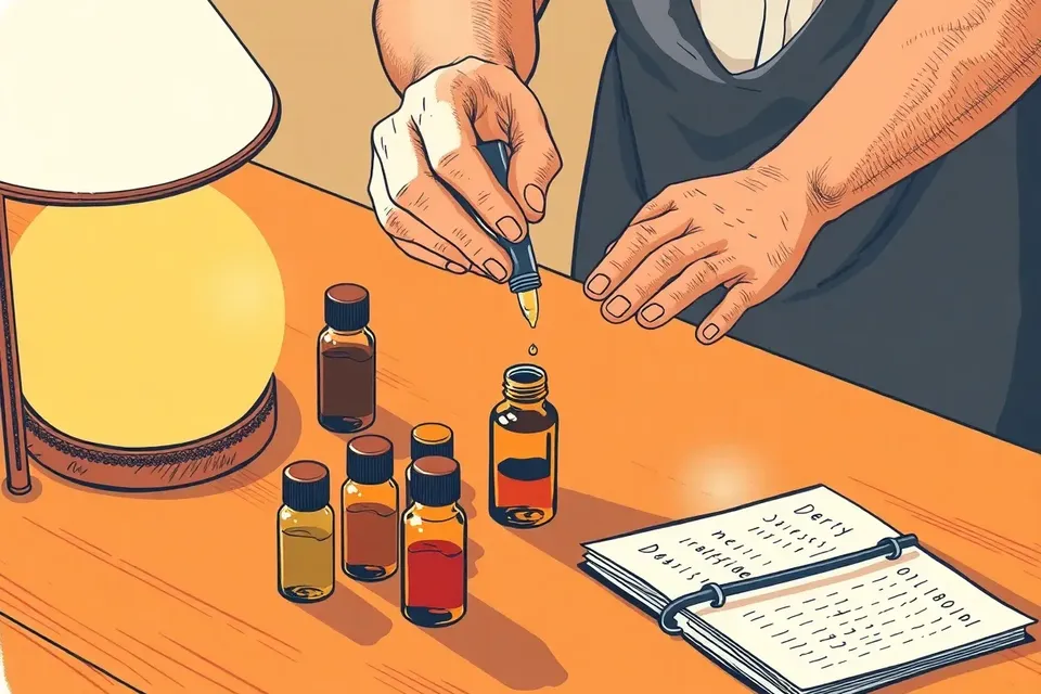 Close-up of hands mixing a golden oil into a small amber bottle on a wooden table, with other oil bottles and a notebook nearby, lit by a warm lamp.