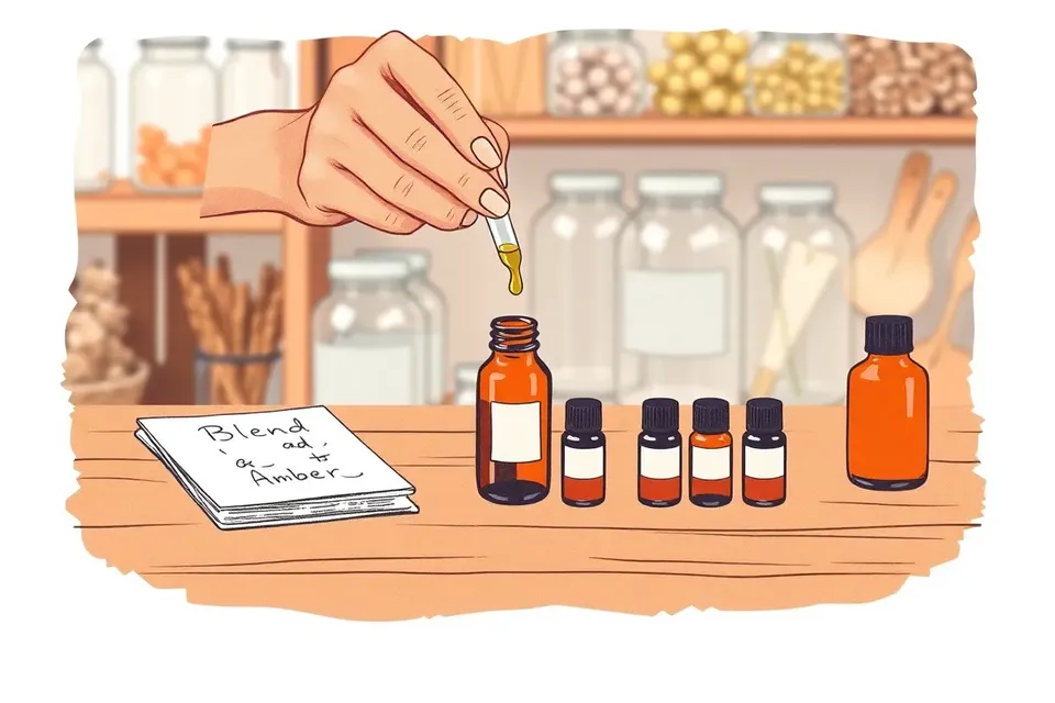 An illustration of hands mixing a custom lip oil at a wooden table, with small amber bottles and botanical jars in the background.