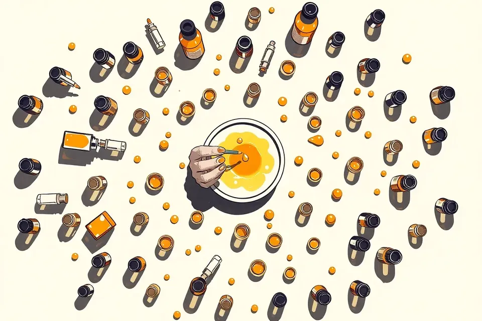 Overhead view of a lip oil workshop table with glass vials, pipettes, and oil droplets arranged in a spiral pattern, hands mixing a custom blend.