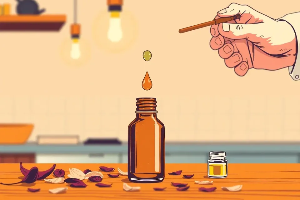 Close-up of a glass dropper releasing a golden drop into an amber bottle on a wooden counter with dried petals and oil vials, soft warm lighting, a blurred hand mixing in the background.