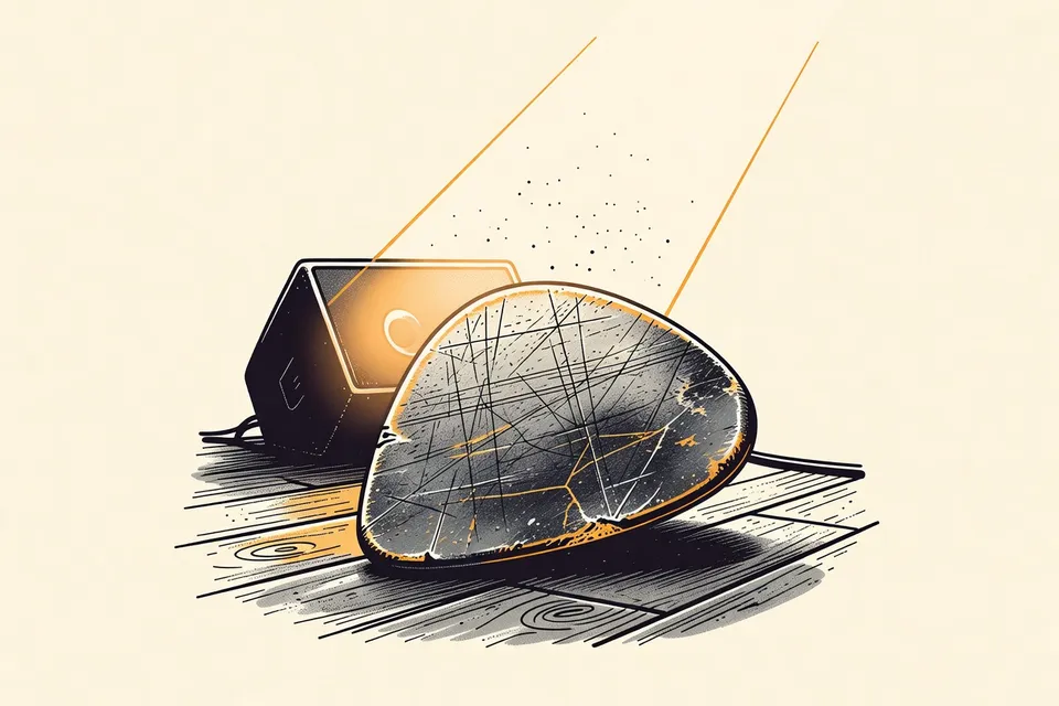 Close-up of a worn guitar pick on a wooden stage floor, with a glowing monitor speaker and a beam of stage light illuminating dust particles.
