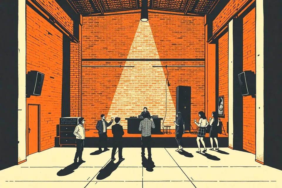 A wide shot of a dark warehouse venue with exposed brick walls, a DJ booth with turntables, and small silhouettes of people standing and dancing near the stage.