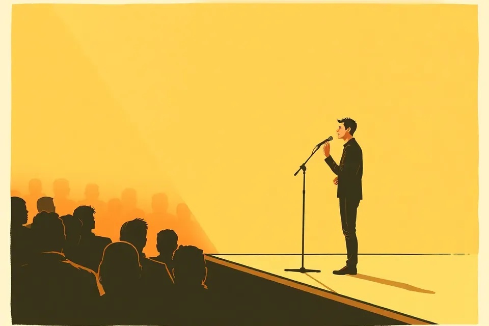 A singer on stage at a concert, holding a microphone stand, with soft stage lighting and blurred audience silhouettes in the background.