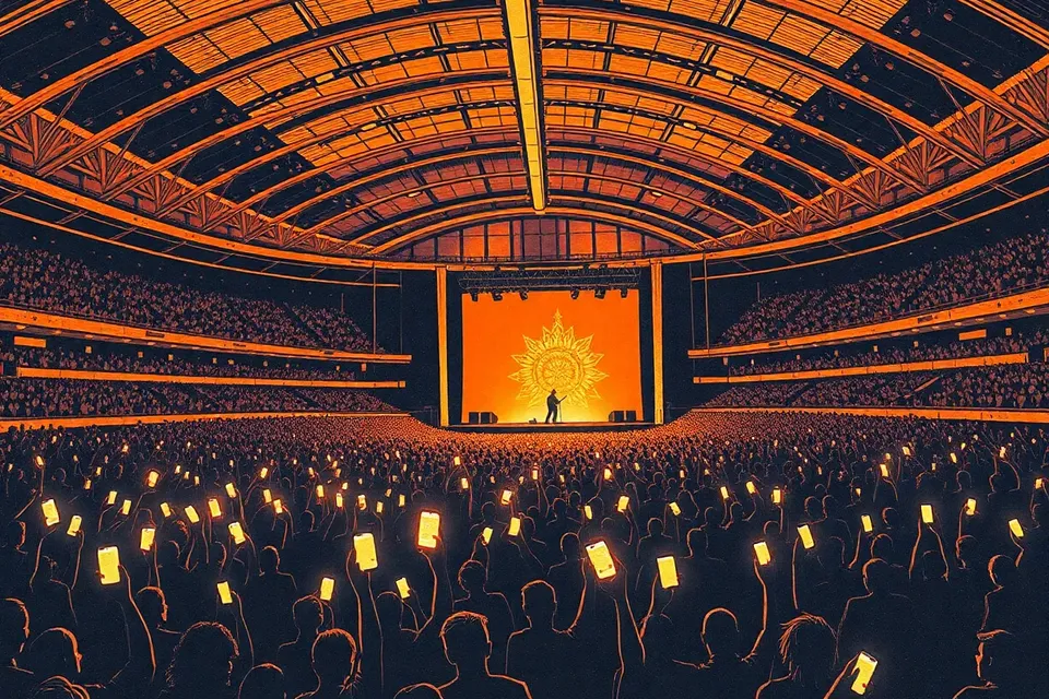 A wide view of a large indoor arena during a concert, with a crowd holding up lit phones and a distant stage with a musician silhouette.